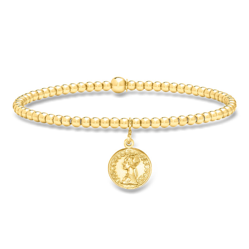 Italian 3mm 18kt Gold Vermeil Bead Stretch Bracelet with Replica Lira Coin Charm image number 0