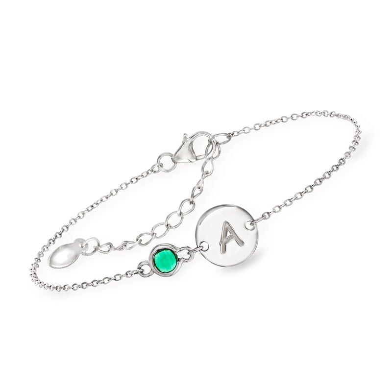 Sterling Silver Personalized Single-Initial Disc Bracelet with Birthstone image number 0