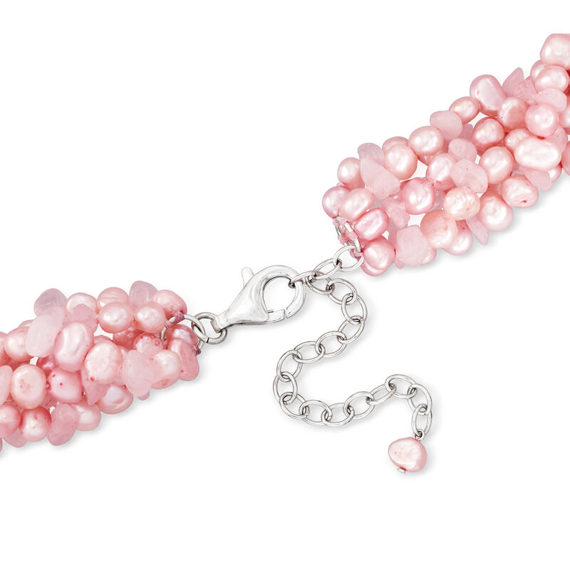 5-6mm Pink Cultured Baroque Pearl and 215.00 ct. t.w. Rose Quartz Torsade Necklace with Sterling Silver image number 2