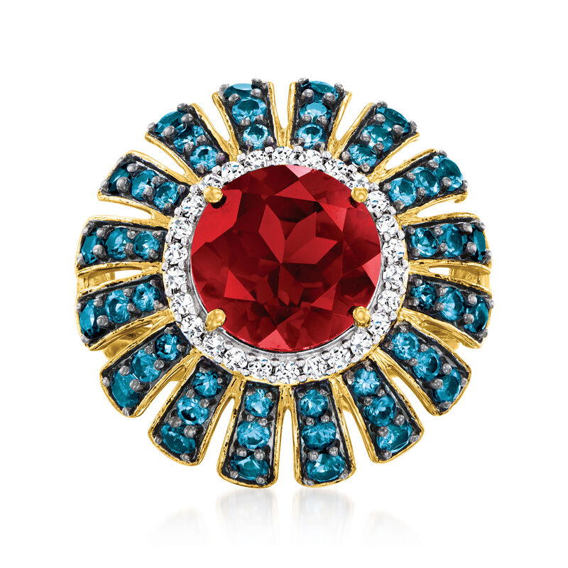 4.90 Carat Garnet and 1.60 ct. t.w. London Blue Topaz Ring with .40 ct. t.w. White Zircons in 18kt Gold Over Sterling image number 0