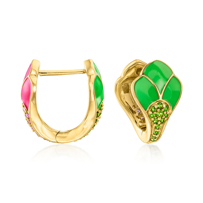 .20 ct. t.w. Chrome Diopside and .20 ct. t.w. Rhodolite Garnet Reversible Hoop Earrings with Green and Pink Enamel in 18kt Gold Over Sterling. 1/2" image number 0