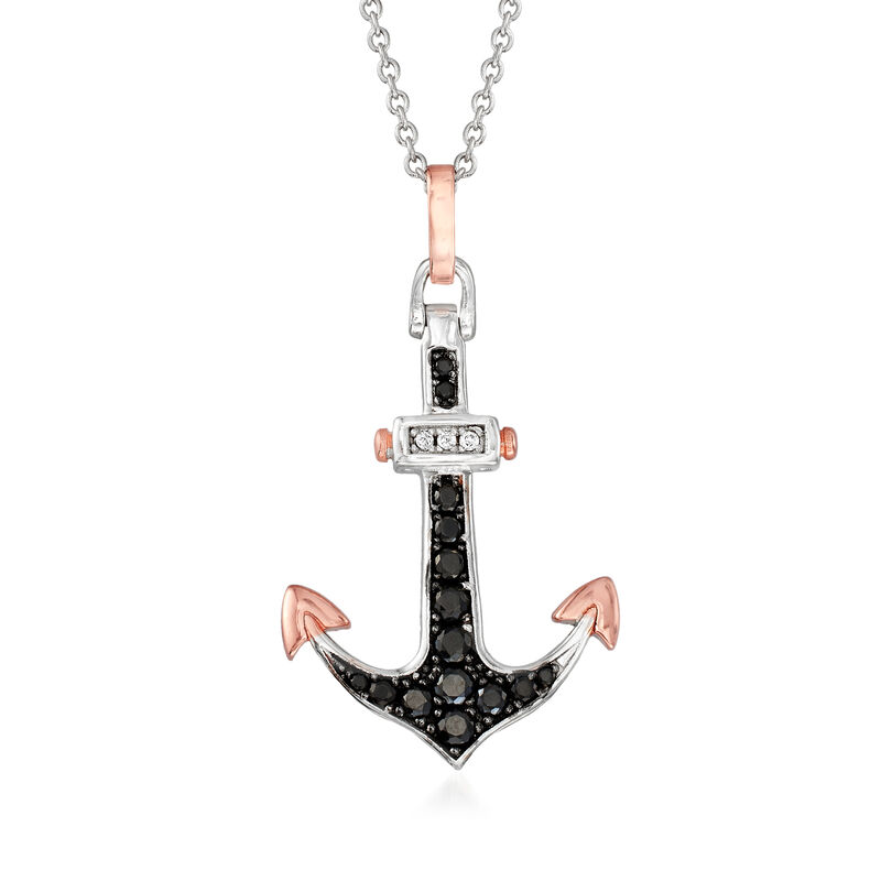 .30 ct. t.w. Black Spinel and White Zircon-Accented Anchor Pendant Necklace in Sterling Silver and 18kt Rose Gold Over Sterling image number 0