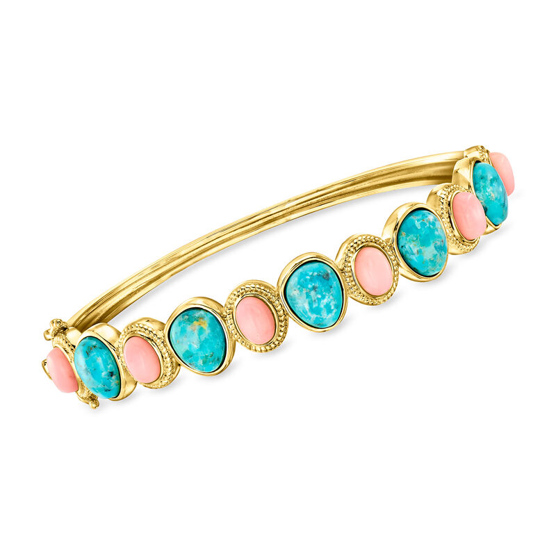 Pink Coral and Turquoise Bangle Bracelet in 18kt Gold Over Sterling image number 0