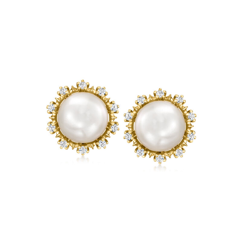 10.5-11mm Cultured Pearl and .60 ct. t.w. White Topaz Earrings in 18kt Gold Over Sterling  image number 0