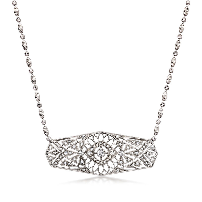 C. 1950 Vintage .90 ct. t.w. Diamond Filigree Necklace in Platinum and 14kt White Gold. 15.5" image number 0