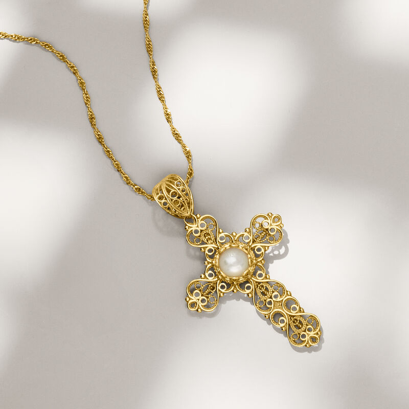 Mother-of-Pearl Filigree Cross Pendant Necklace in 18kt Gold Over Sterling image number 3