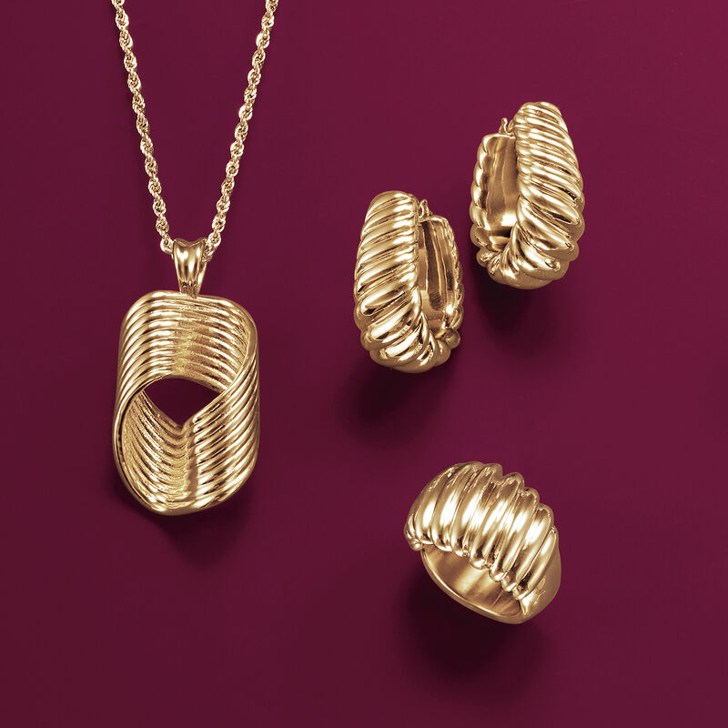 Italian Andiamo 14kt Yellow Gold Over Resin Ribbed Hoop Earrings. 1&quot; image number 3
