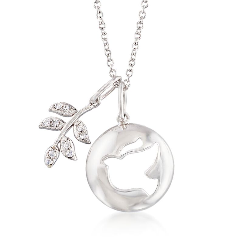 Italian Sterling Silver Dove and Olive Branch Charm Necklace with Crystals. 18&quot; image number 0