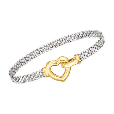 Sterling Silver and 18kt Gold Over Sterling Heart Bismark-Link Bracelet