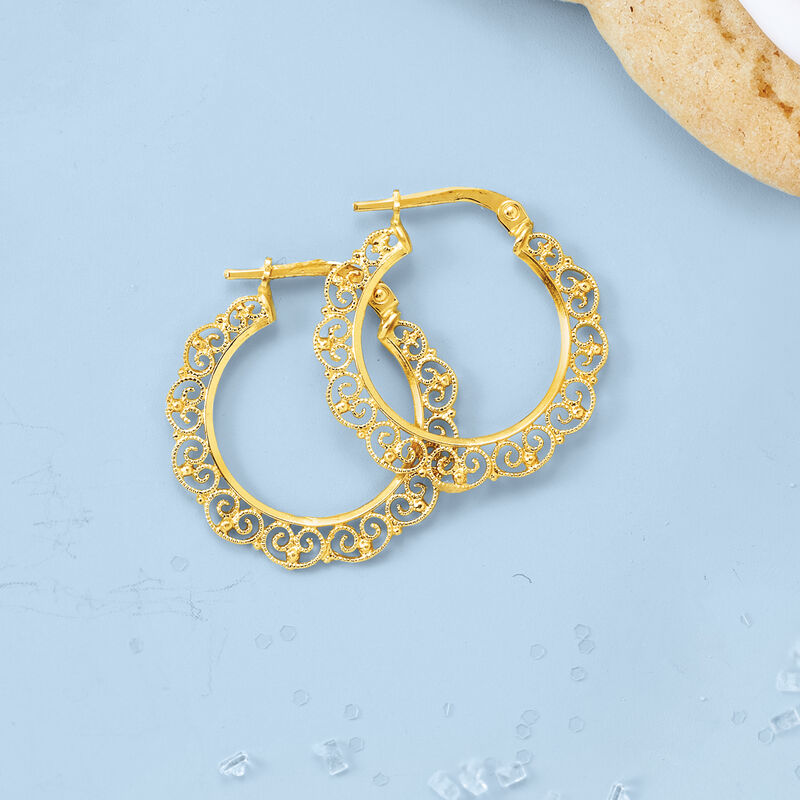 Italian 14kt Yellow Gold Filigree Hoop Earrings. 7/8&quot; image number 2