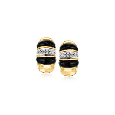 C. 1980 Vintage Onyx and .65 ct. t.w. Diamond Curved Earrings in 18kt Yellow Gold