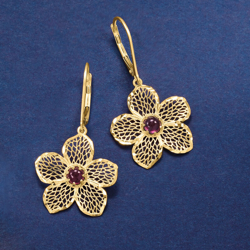 Italian .90 ct. t.w. Garnet Flower Drop Earrings in 14kt Yellow Gold image number 2