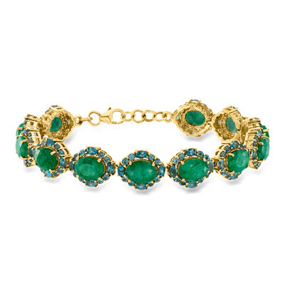 13.00 ct. t.w. Emerald and 7.10 ct. t.w. London Blue Topaz Bracelet in 18kt Gold Over Sterling