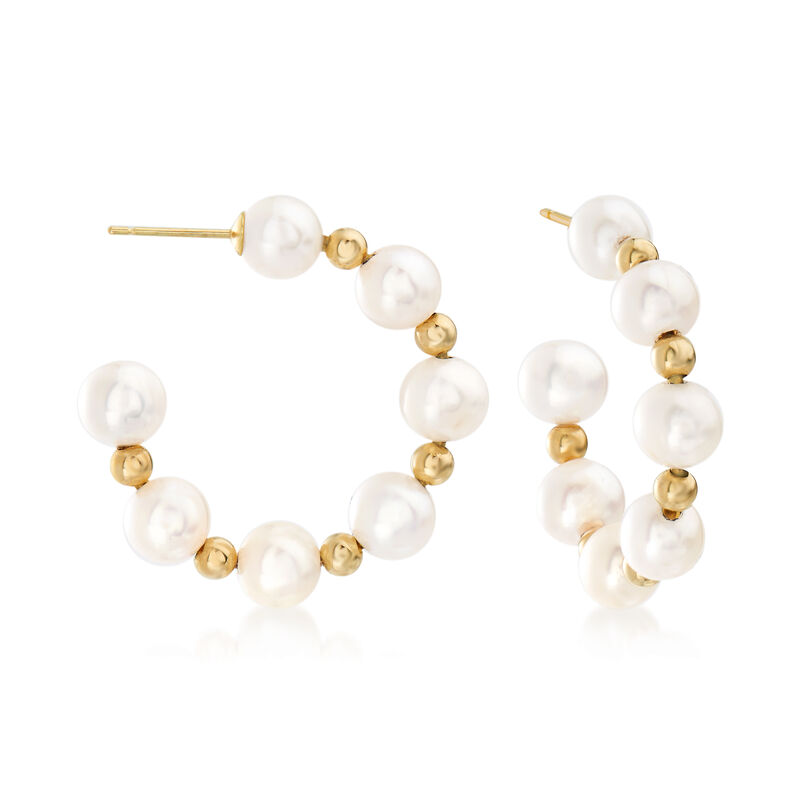 6-7mm Cultured Pearl Hoop Earrings in 14kt Yellow Gold. 1&quot; image number 0