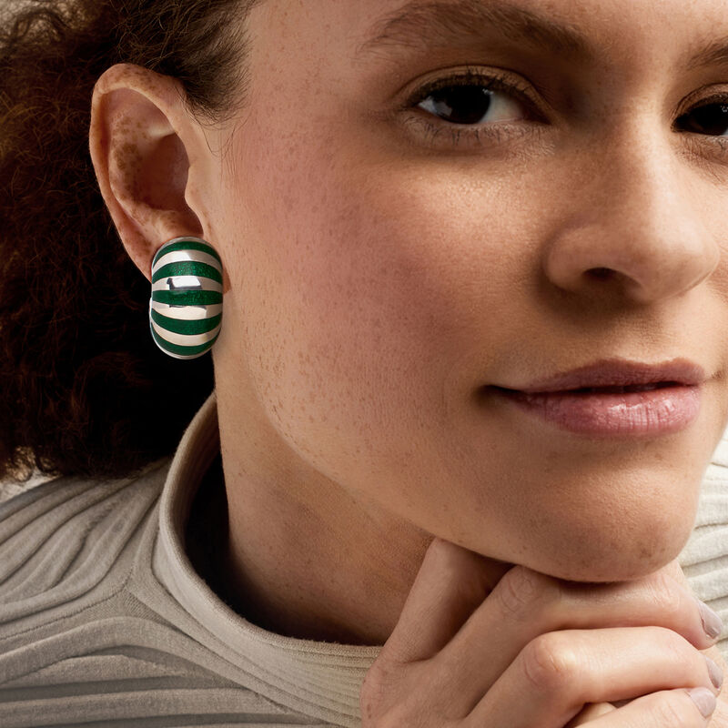 C. 1970 Vintage Tiffany Jewelry Sterling Silver and Green Enamel Striped Earrings image number 1