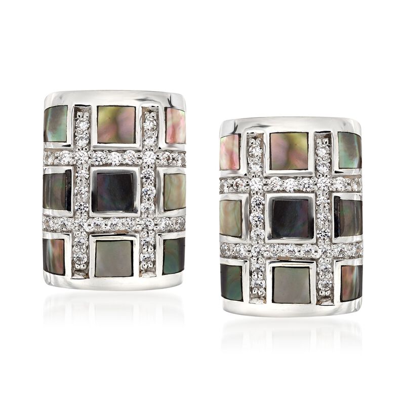 Belle Etoile &quot;Regal&quot; Black Mother-Of Pearl and .45 ct. t.w. CZ Hoop Earrings in Sterling Silver. 1/2&quot; image number 0
