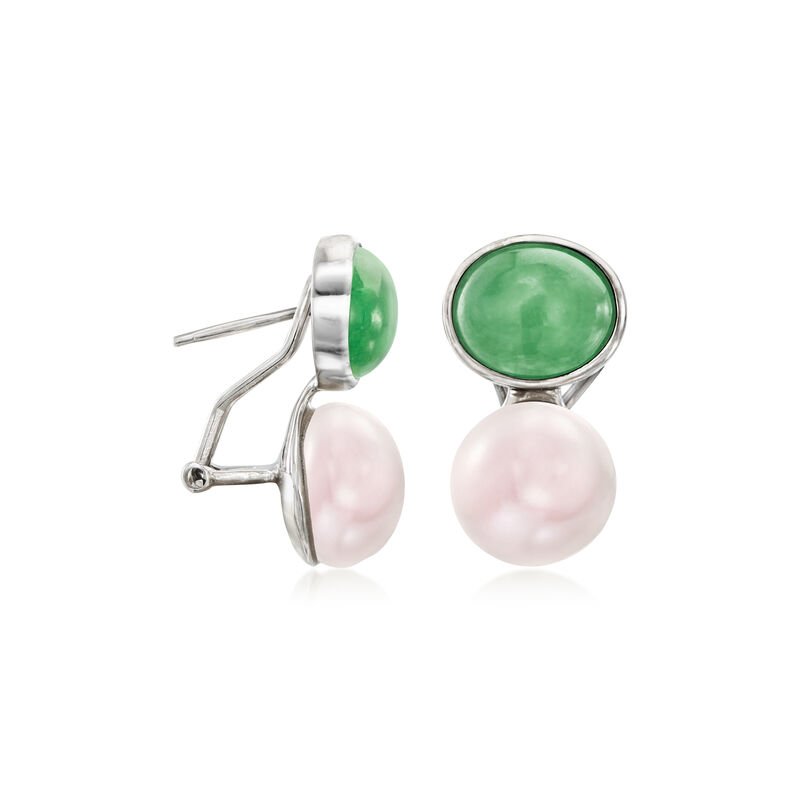 Jade and 12-12.5mm Cultured Pearl Earrings in Sterling Silver  image number 2