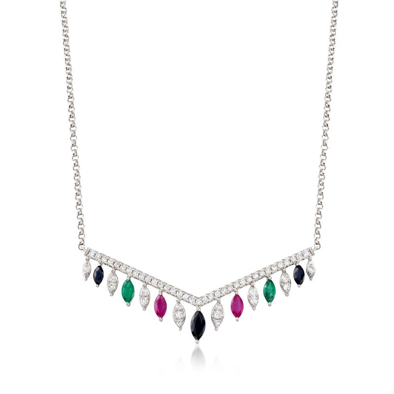1.10 ct. t.w. Multi-Stone and .50 ct. t.w. Diamond Necklace in 14kt White Gold. 16&quot; image number 0