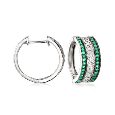 .60 ct. t.w. Emerald Milgrain Hoop Earrings in Sterling Silver