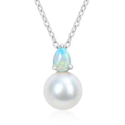 Opal and 8-9mm Cultured Pearl Pendant Necklace in Sterling Silver