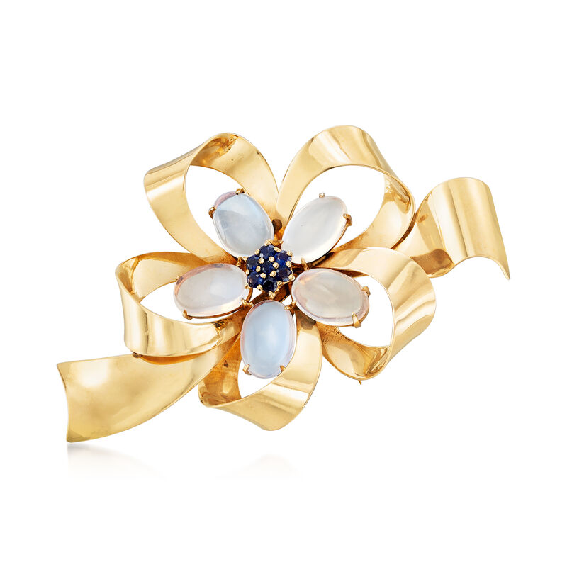 C. 1970 Vintage 8.50 ct. t.w. Moonstone and .55 ct. t.w. Sapphire Bow Pin in 14kt Yellow Gold image number 0