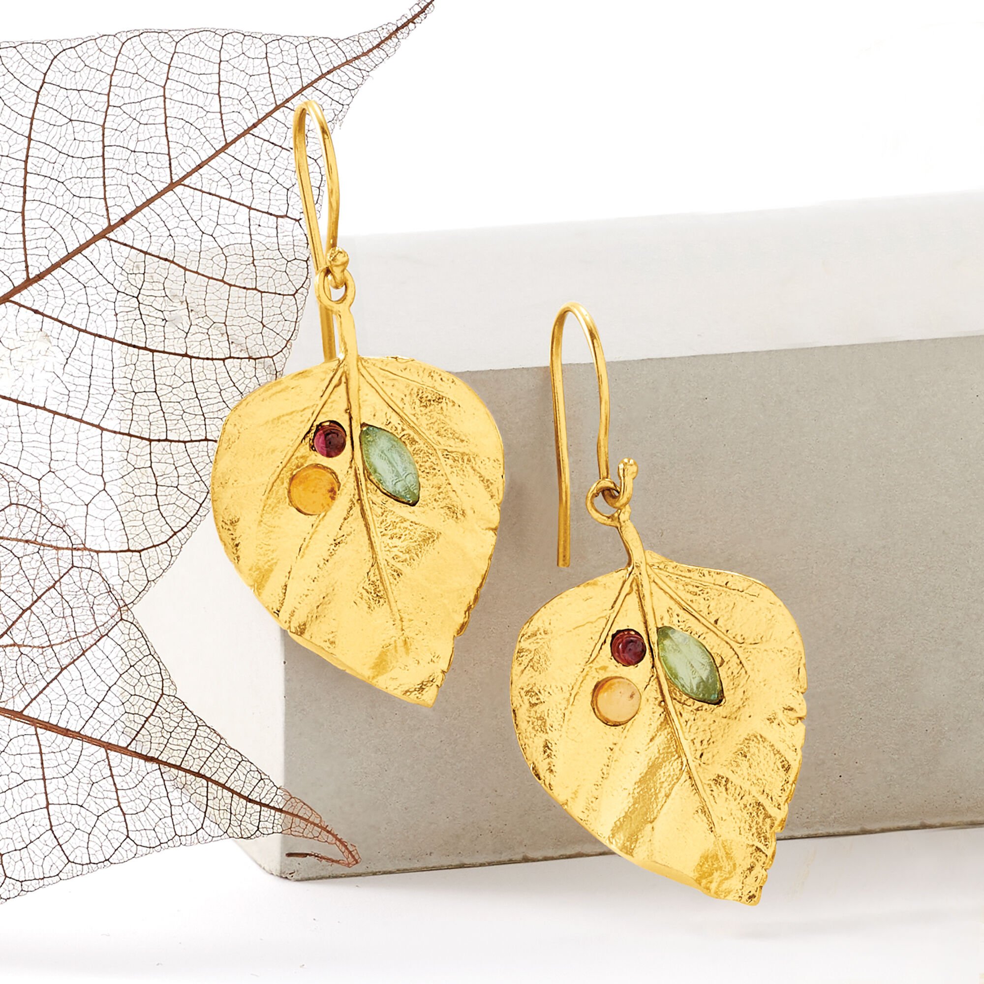 1.40 ct. t.w. Multi-Gemstone Leaf Drop Earrings in 18kt