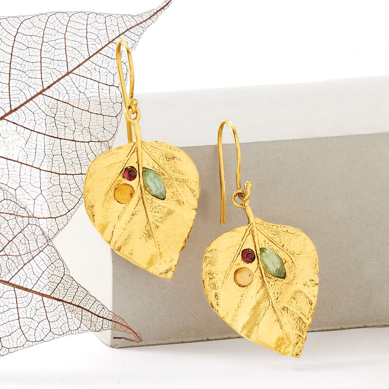1.40 ct. t.w. Multi-Gemstone Leaf Drop Earrings in 18kt Yellow Gold Over Sterling  image number 2