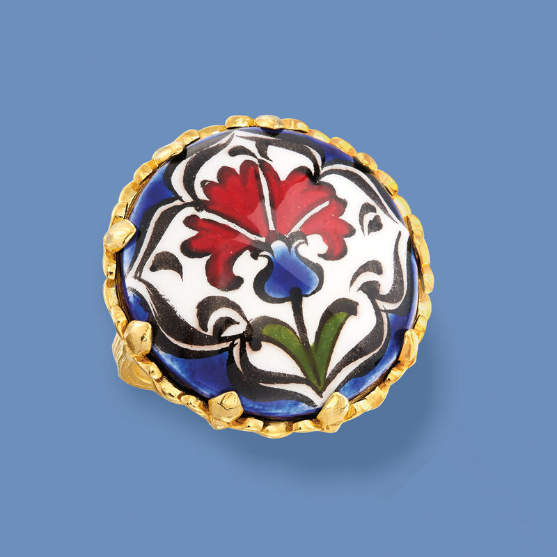 Hand-Painted Ceramic Floral Ring in 18kt Gold Over Sterling image number 4