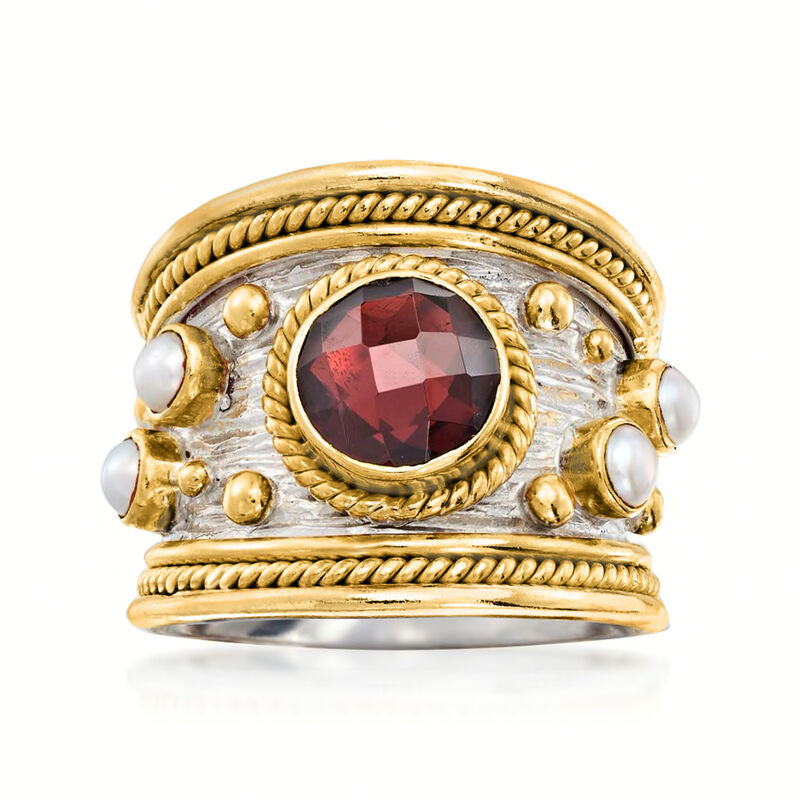 2.20 Carat Garnet and 3mm Cultured Pearl Ring in Sterling Silver and 18kt Gold Over Silver image number 0
