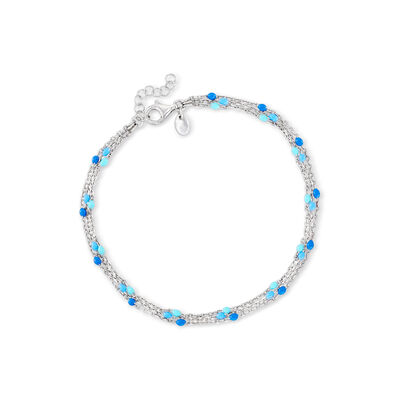 Italian Tonal Blue Enamel Bead Station Anklet in Sterling Silver