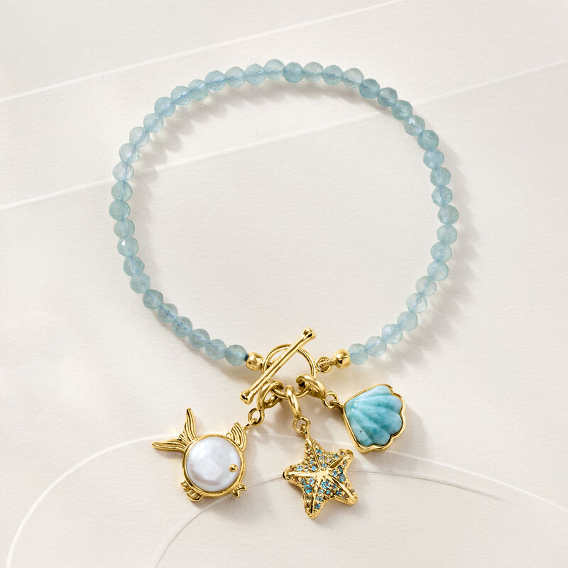16.00 ct. t.w. Aquamarine Bead Charm-Compatible Toggle Bracelet in 18kt Gold Over Sterling image number 4