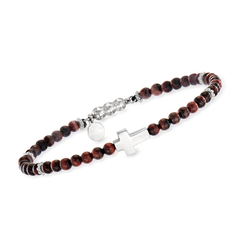 Gabriel Designs Men's Sterling Silver Cross and Tiger Eye Bead Bracelet. 8&quot; image number 0
