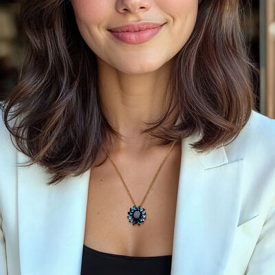 4.30 Carat Sapphire and 3.30 ct. t.w. London Blue Topaz Flower Pendant Necklace in 18kt Gold Over Sterling