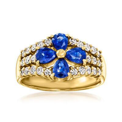 C. 1980 Vintage 1.26 ct. t.w. Sapphire Flower Ring with .55 ct. t.w. Diamonds in 18kt Yellow Gold