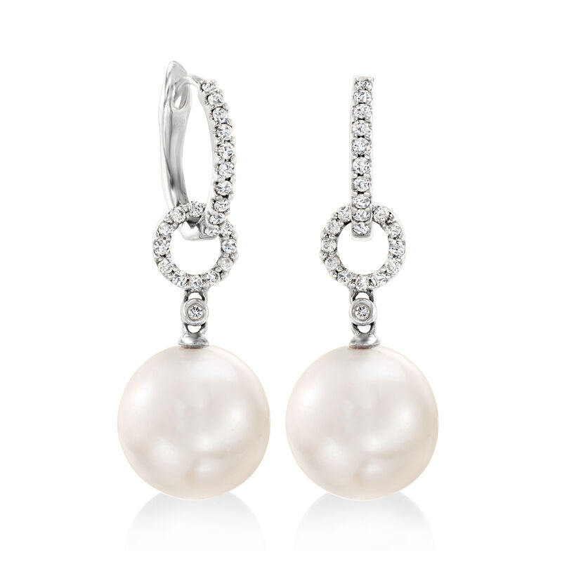 10-11mm Cultured South Sea Pearl and .29 ct. t.w. Diamond Hoop Drop Earrings in 18kt White Gold image number 3