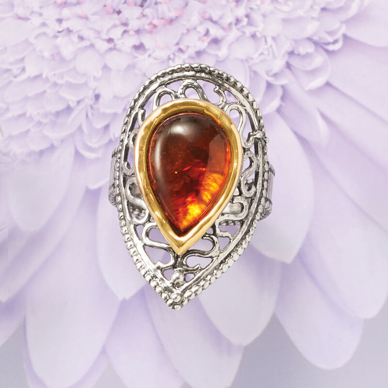 Amber Openwork Ring in Sterling Silver with 14kt Yellow Gold image number 4