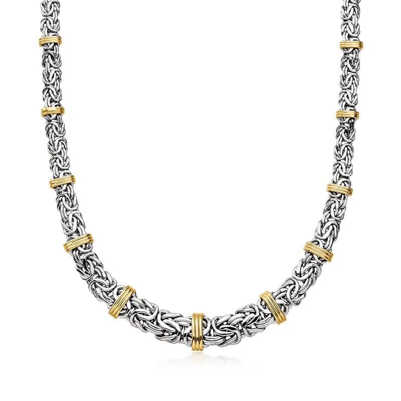 Sterling Silver and 18kt Gold Over Sterling Graduated Byzantine Station Necklace image number 0