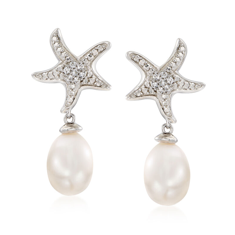 6-7mm Cultured Pearl and White Topaz-Accented Starfish Drop Earrings in Sterling Silver image number 0