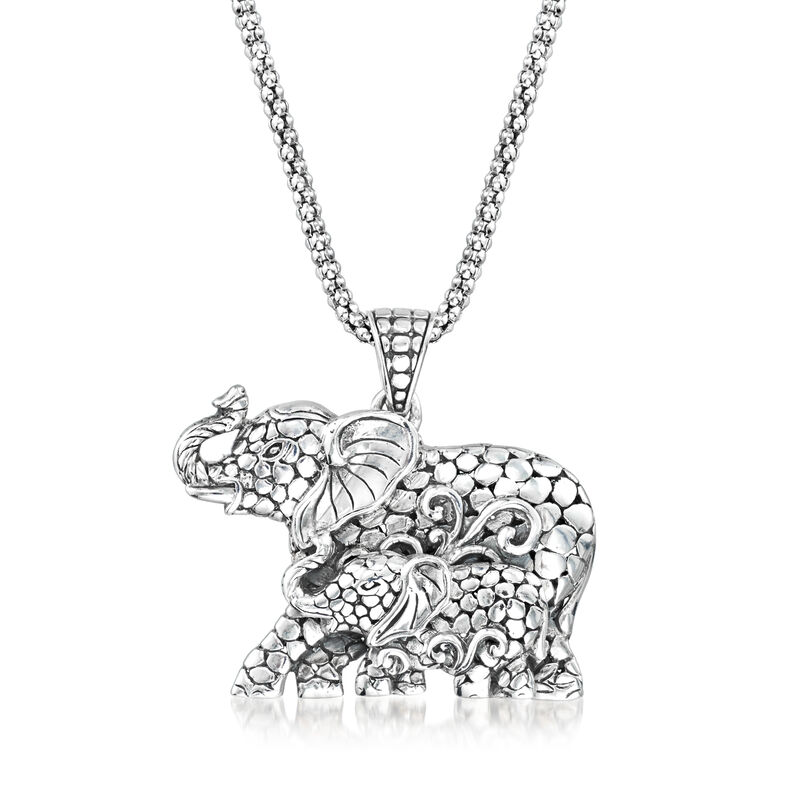 Sterling Silver Bali-Style Mother and Child Elephant Pendant Necklace image number 0