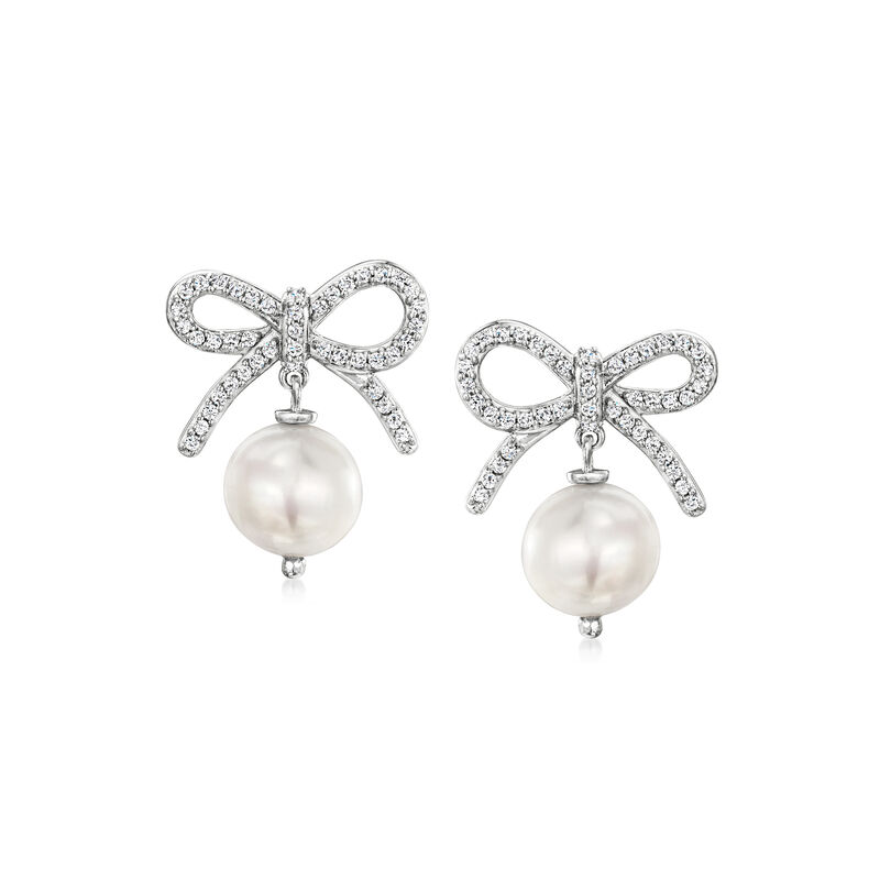 9-9.5mm Cultured Pearl and .60 ct. t.w. White Topaz Bow Drop Earrings in Sterling Silver  image number 0
