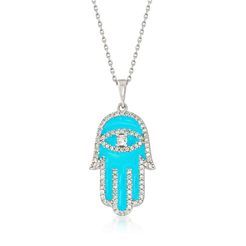 Blue Enamel and .95 ct. t.w. White Zircon Hamsa Hand Pendant Necklace in Sterling Silver. 18&quot; image number 1