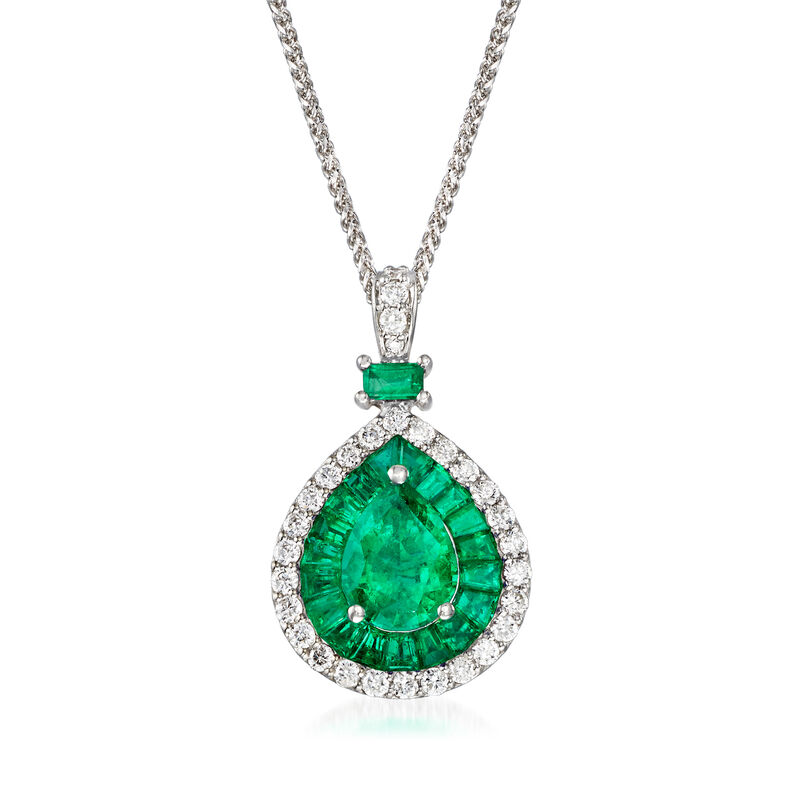 3.20 ct. t.w. Emerald and .60 ct. t.w. Diamond Pendant Necklace in 14kt White Gold. 18&quot; image number 1