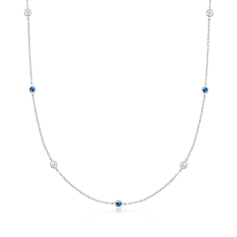 .20 ct. t.w. Sapphire and .25 ct. t.w. Lab-Grown Diamond Station Necklace in Sterling Silver. 18&quot; image number 1