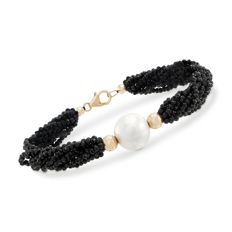 13-14mm Cultured Pearl and 75.00 ct. t.w. Black Spinel Bead Bracelet in 14kt Yellow Gold image number 0