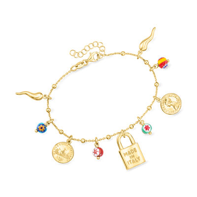 Italian 18kt Gold Over Sterling Charm Bracelet with Multicolored Murano Glass Beads