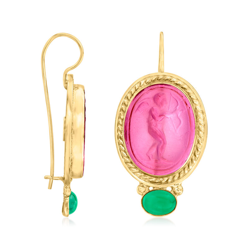 Italian Pink Venetian Glass Cupid Drop Earrings with Green Agate in 18kt Gold Over Sterling image number 2