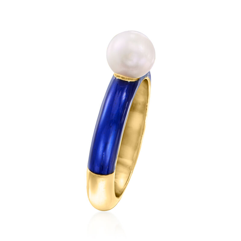 6.5-7mm Cultured Pearl and Blue Enamel Ring in 18kt Gold Over Sterling image number 2
