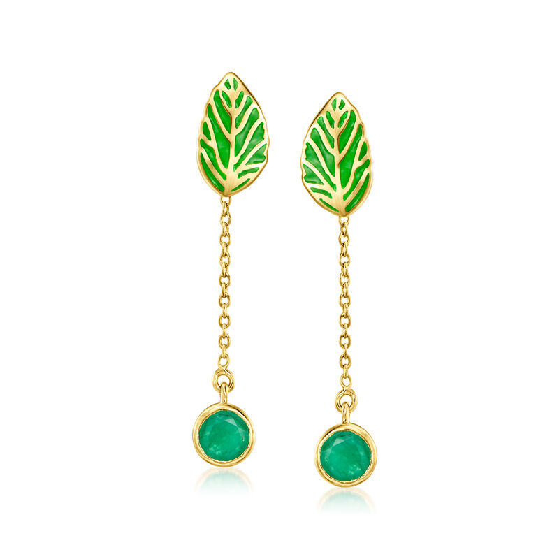 Green Enamel Leaf Earrings with Removable .90 ct. t.w. Emerald Drops in 18kt Gold Over Sterling  image number 4