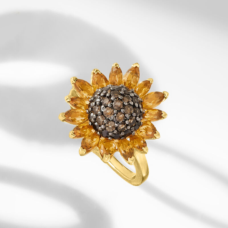 1.70 ct. t.w. Citrine and .80 ct. t.w. Smoky Quartz Sunflower Ring in 18kt Gold Over Sterling image number 3