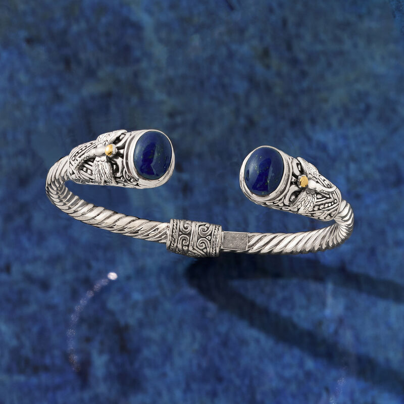 Lapis Bali-Style Dragonfly Cuff Bracelet in Sterling Silver and 18kt Yellow Gold image number 4
